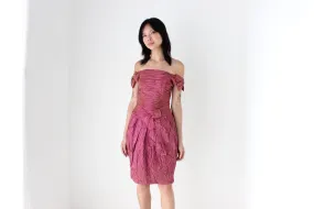 1980s Gathered & Crinkle Texture Silk Taffeta Bow Dress