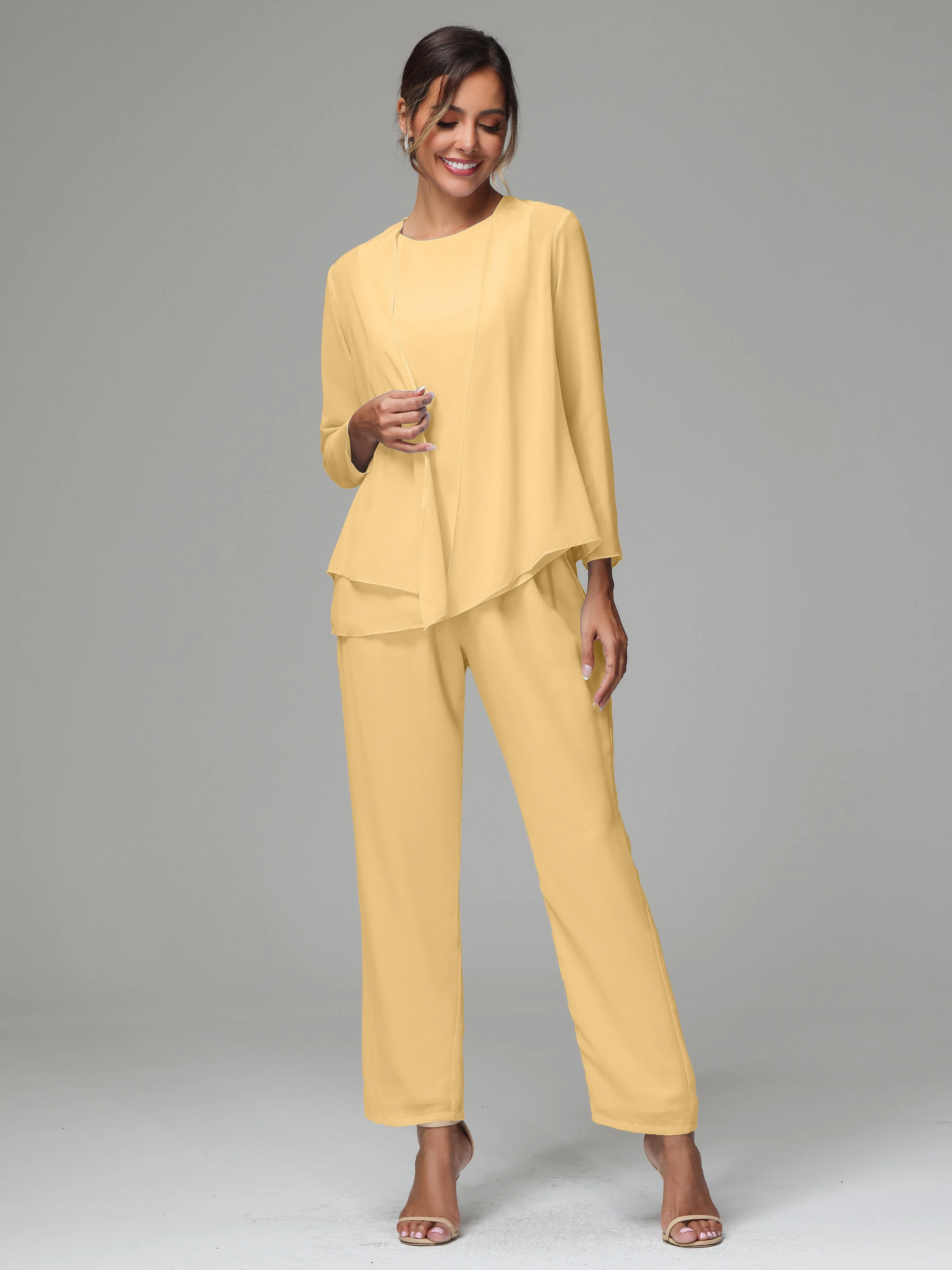 3 Pieces Long Sleeves Chiffon Mother Of The Bride Dress Pants Suits