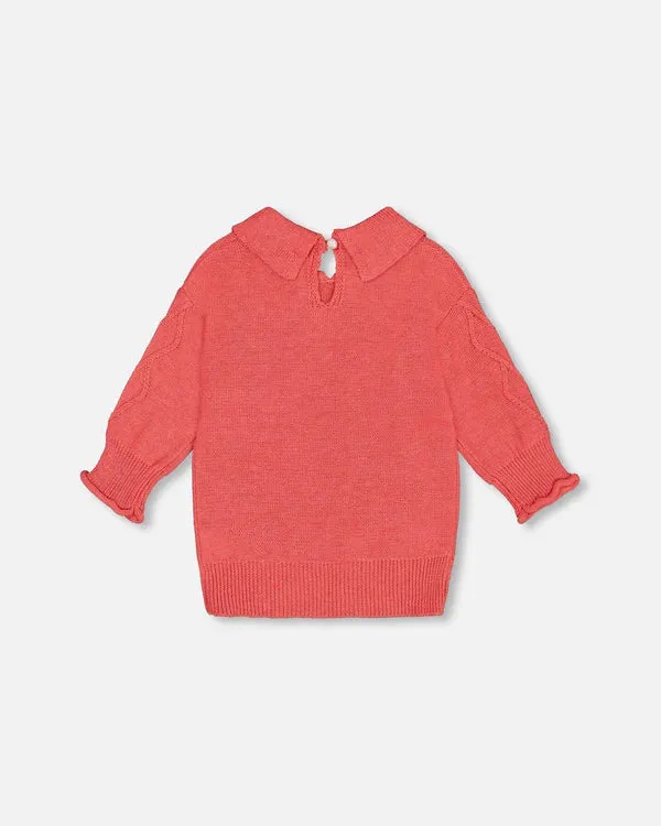 3/4 Knit Sweater with Collar - Coral