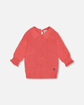 3/4 Knit Sweater with Collar - Coral
