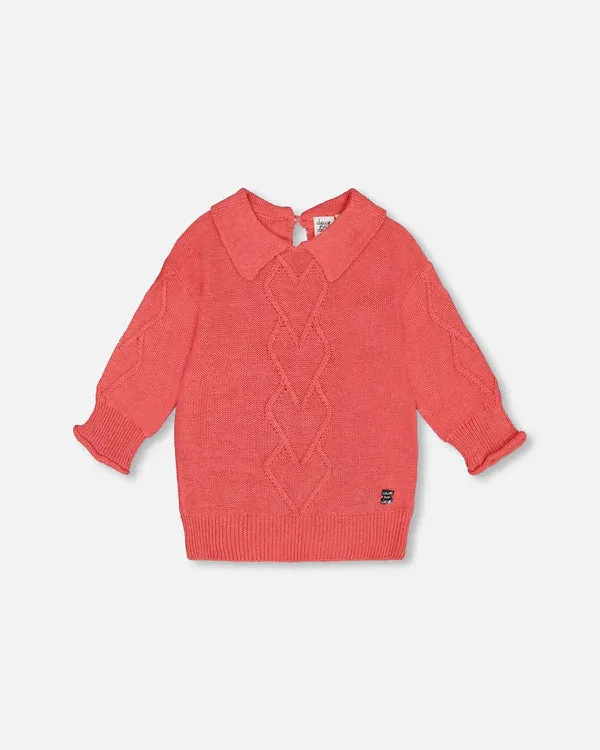 3/4 Knit Sweater with Collar - Coral