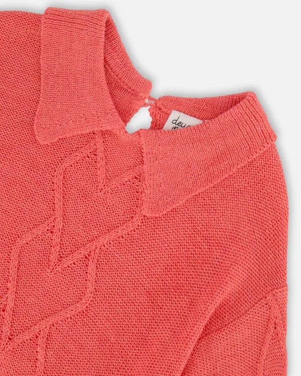 3/4 Knit Sweater with Collar - Coral