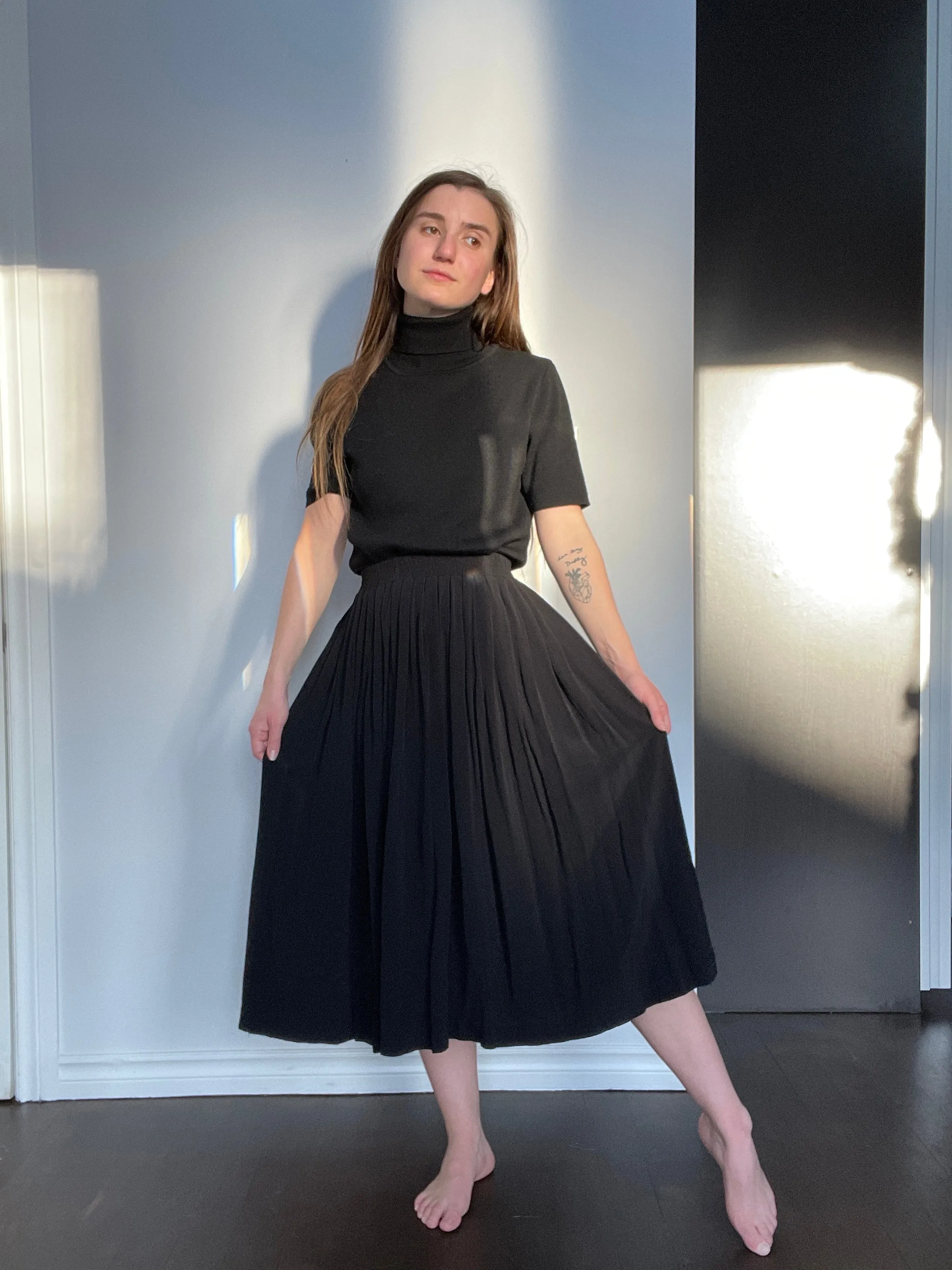 80s Black Pleated Midi Skirt - XS