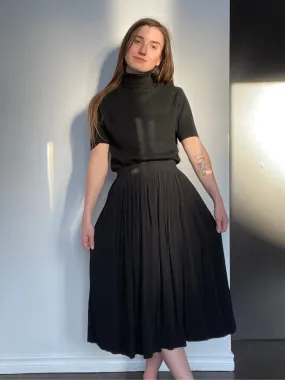 80s Black Pleated Midi Skirt - XS