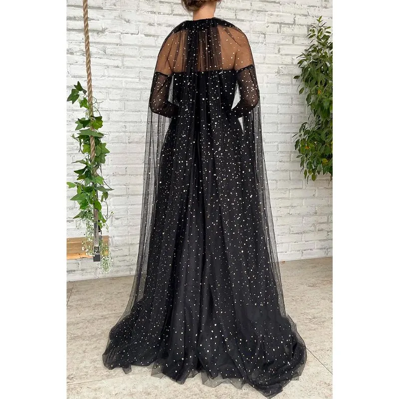 A-line Sweetheart Black Star Tulle Long Prom Dress Glitter