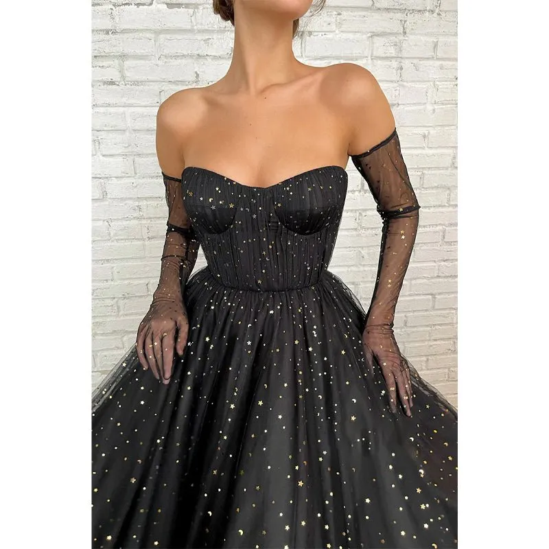 A-line Sweetheart Black Star Tulle Long Prom Dress Glitter