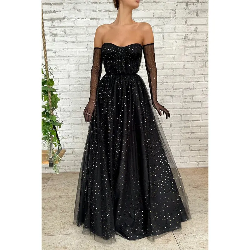 A-line Sweetheart Black Star Tulle Long Prom Dress Glitter