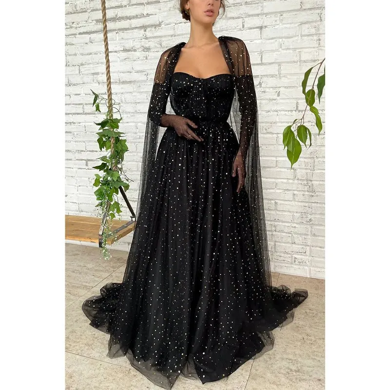 A-line Sweetheart Black Star Tulle Long Prom Dress Glitter
