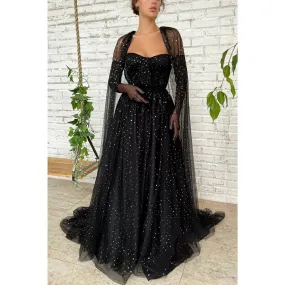 A-line Sweetheart Black Star Tulle Long Prom Dress Glitter