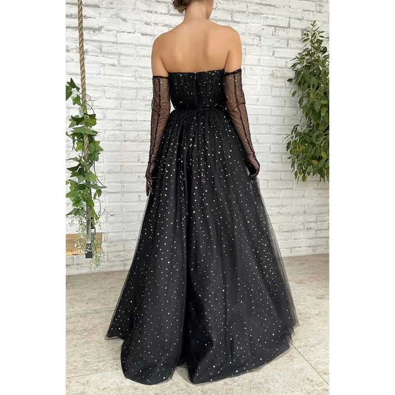 A-line Sweetheart Black Star Tulle Long Prom Dress Glitter