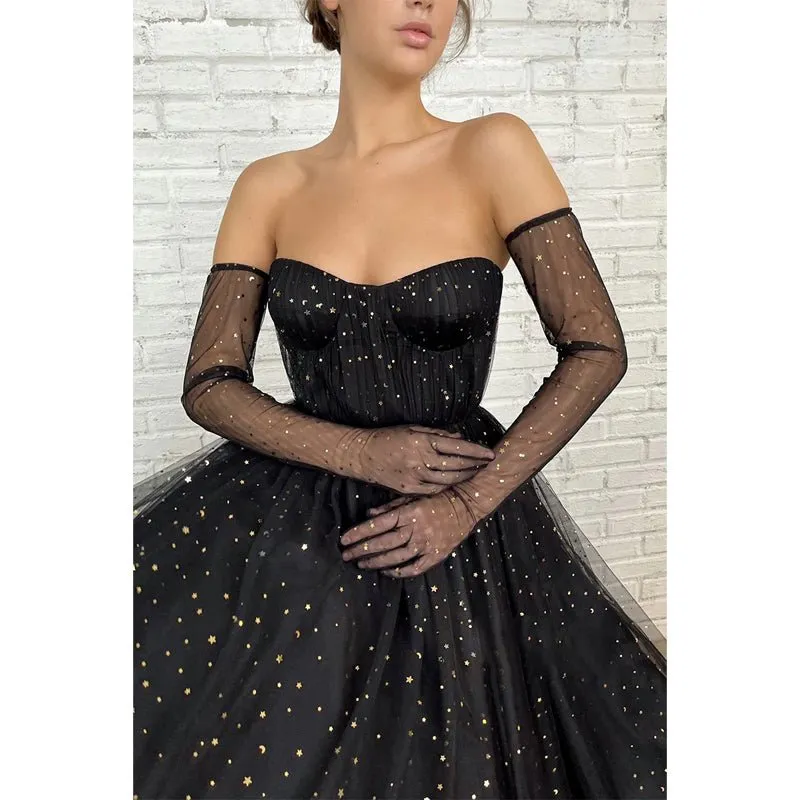A-line Sweetheart Black Star Tulle Long Prom Dress Glitter