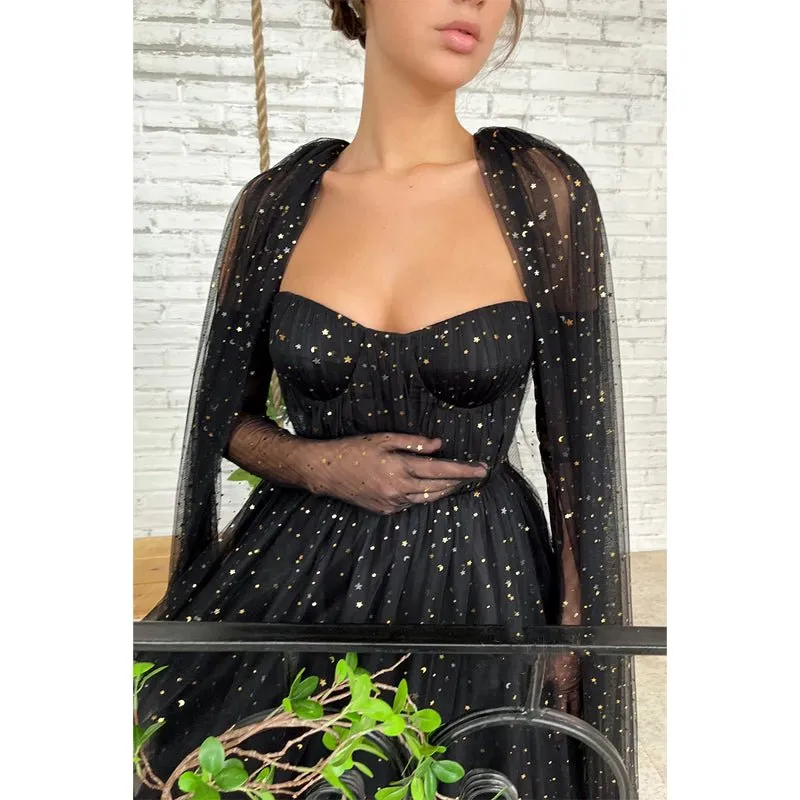 A-line Sweetheart Black Star Tulle Long Prom Dress Glitter