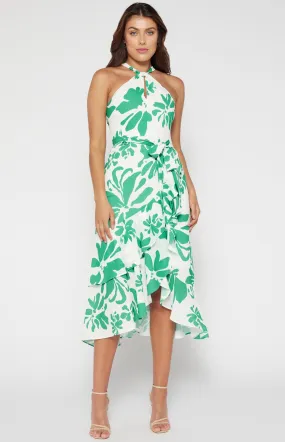 Abstract Floral Halter Dress with Waterfall Hem