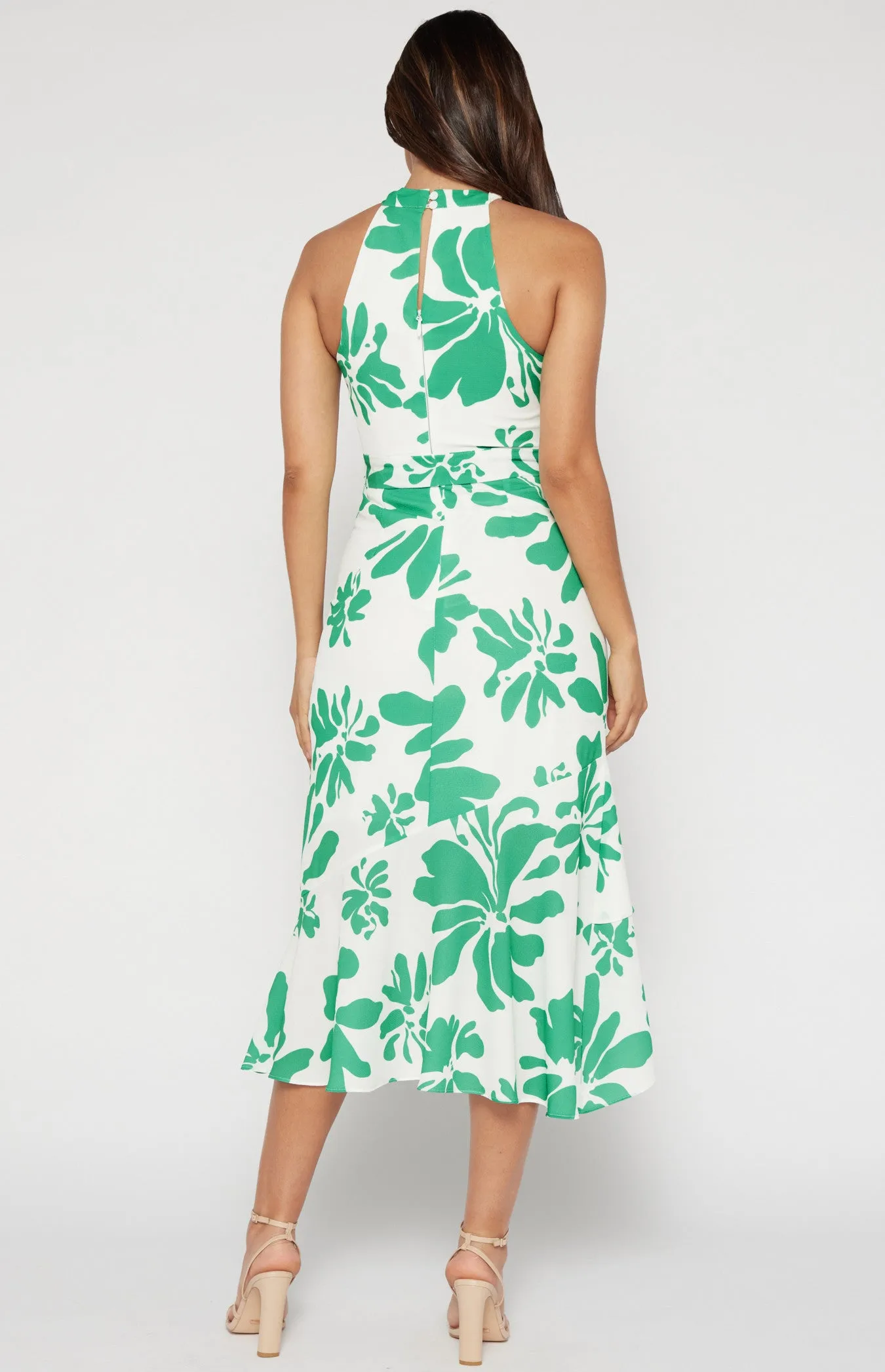 Abstract Floral Halter Dress with Waterfall Hem