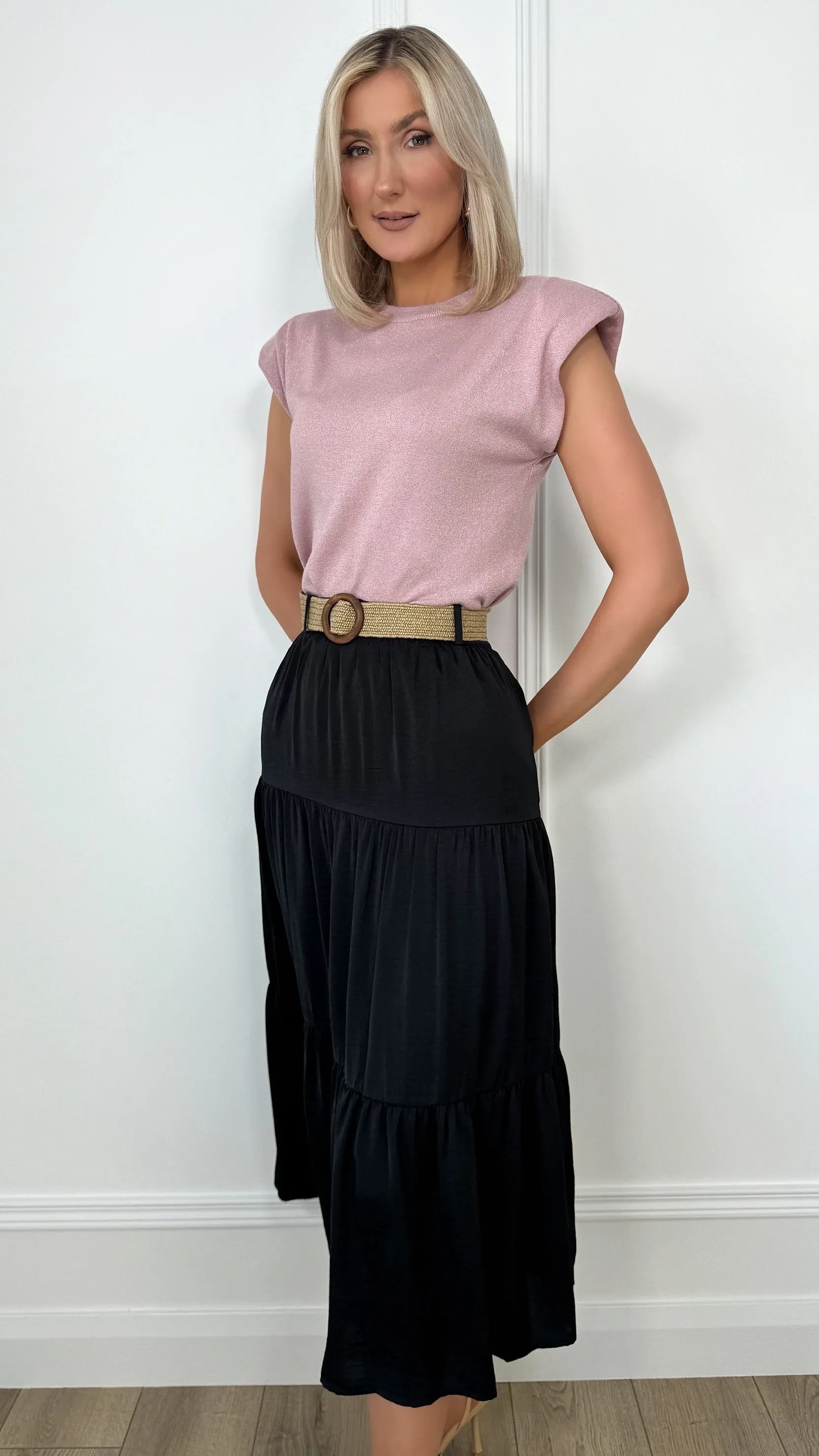 Black Midi Skirt with Belt