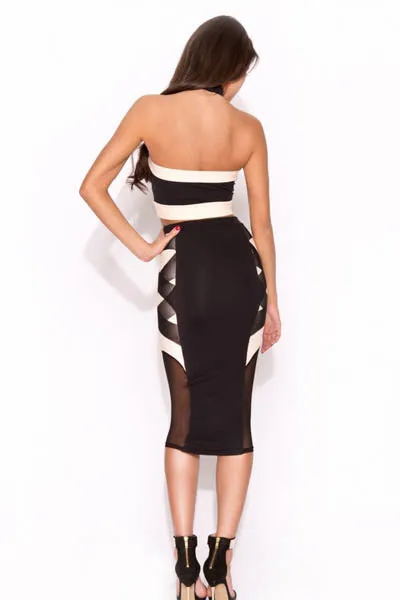 Black Two Tone 2-piece Crop Top Midi Skirt SetL