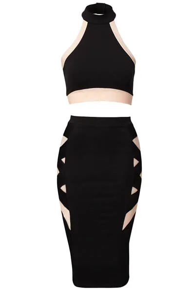 Black Two Tone 2-piece Crop Top Midi Skirt SetL