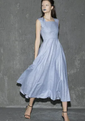 Blue linen women's sleeveless long dress with side zipper for summer 1316