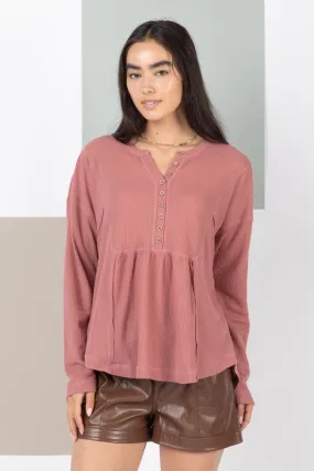 Casual Comfy Waffle Knit Henley Top