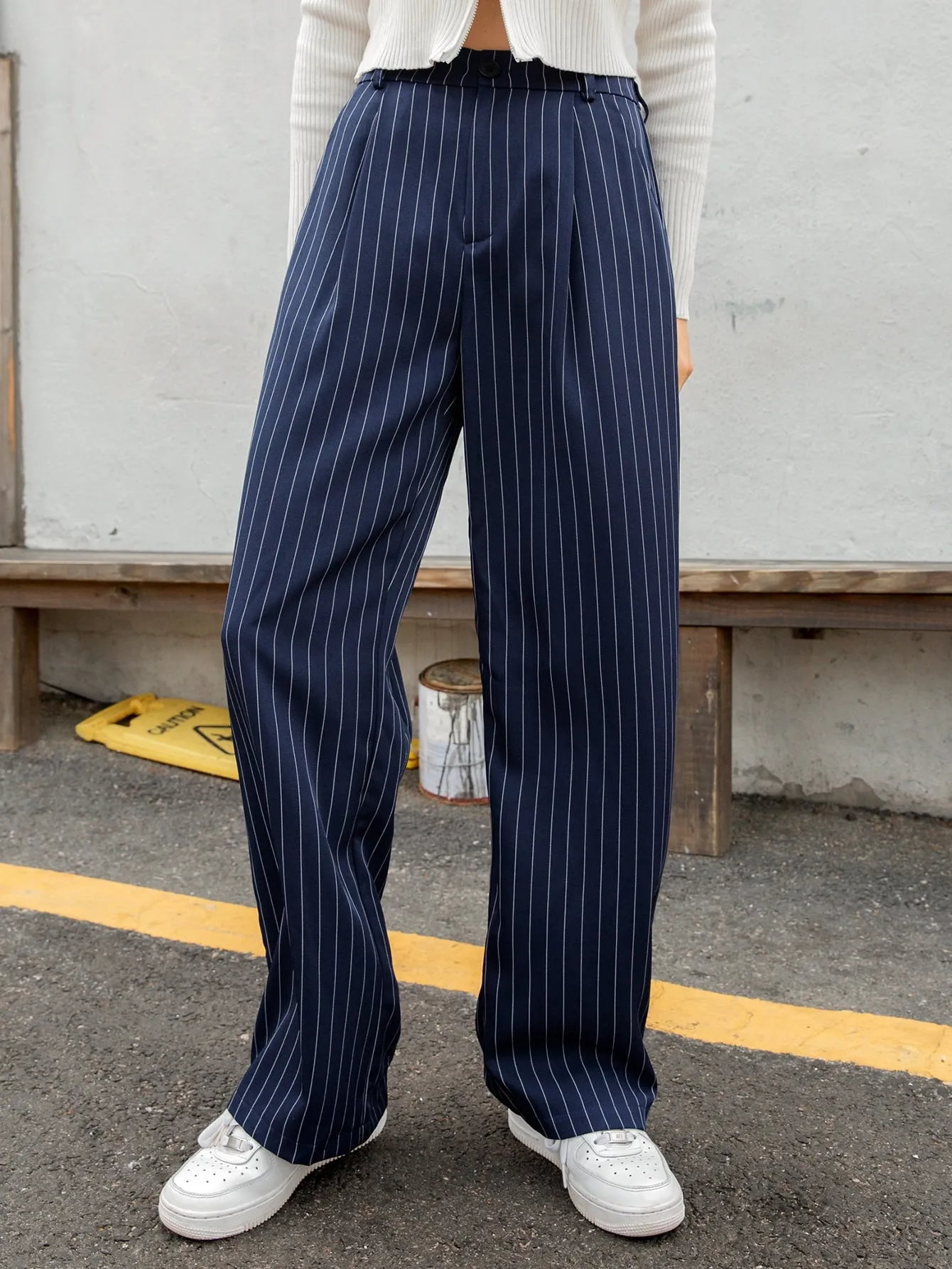Casual Striped Pocket High Waist Long Women Pants