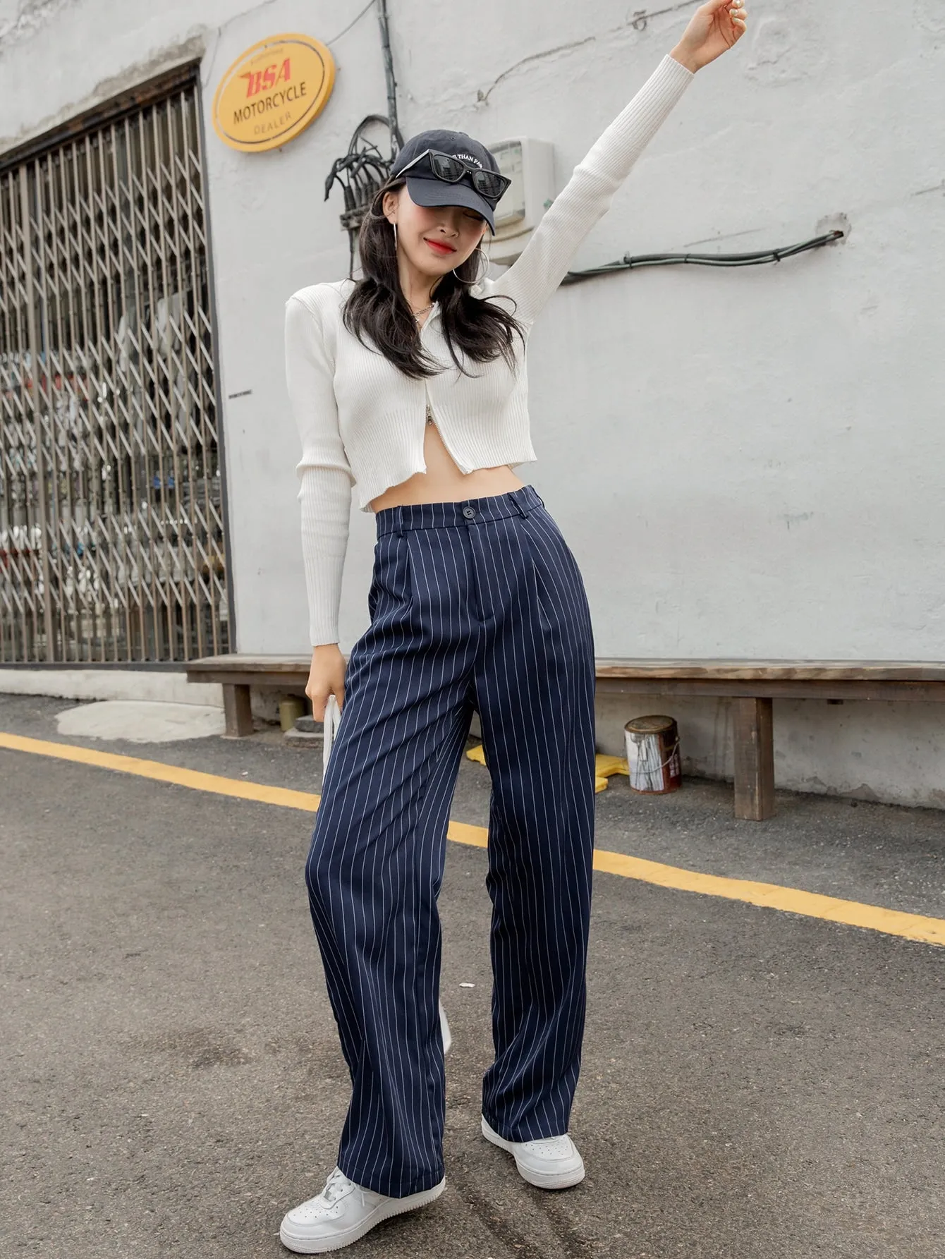 Casual Striped Pocket High Waist Long Women Pants