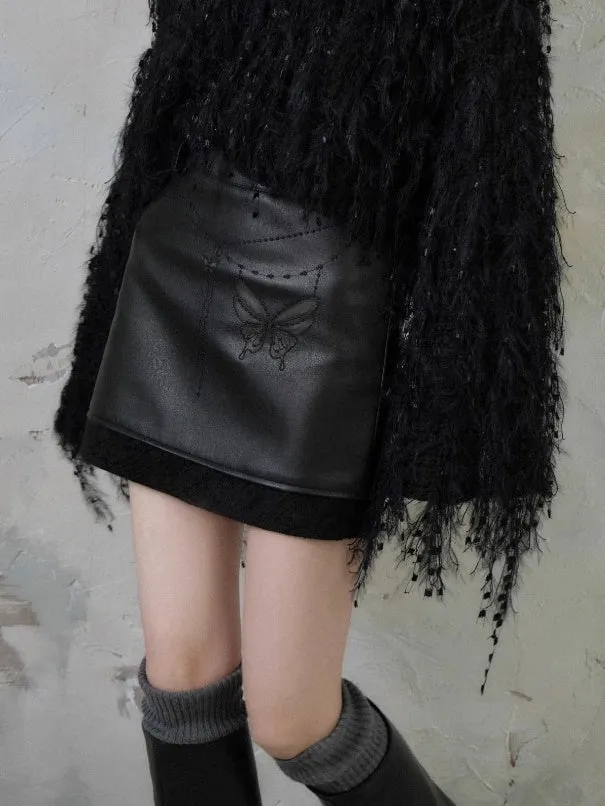 Chain Butterfly Raw Edge PU Leather Skirt