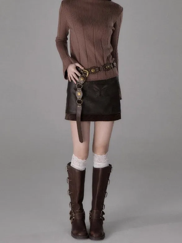 Chain Butterfly Raw Edge PU Leather Skirt