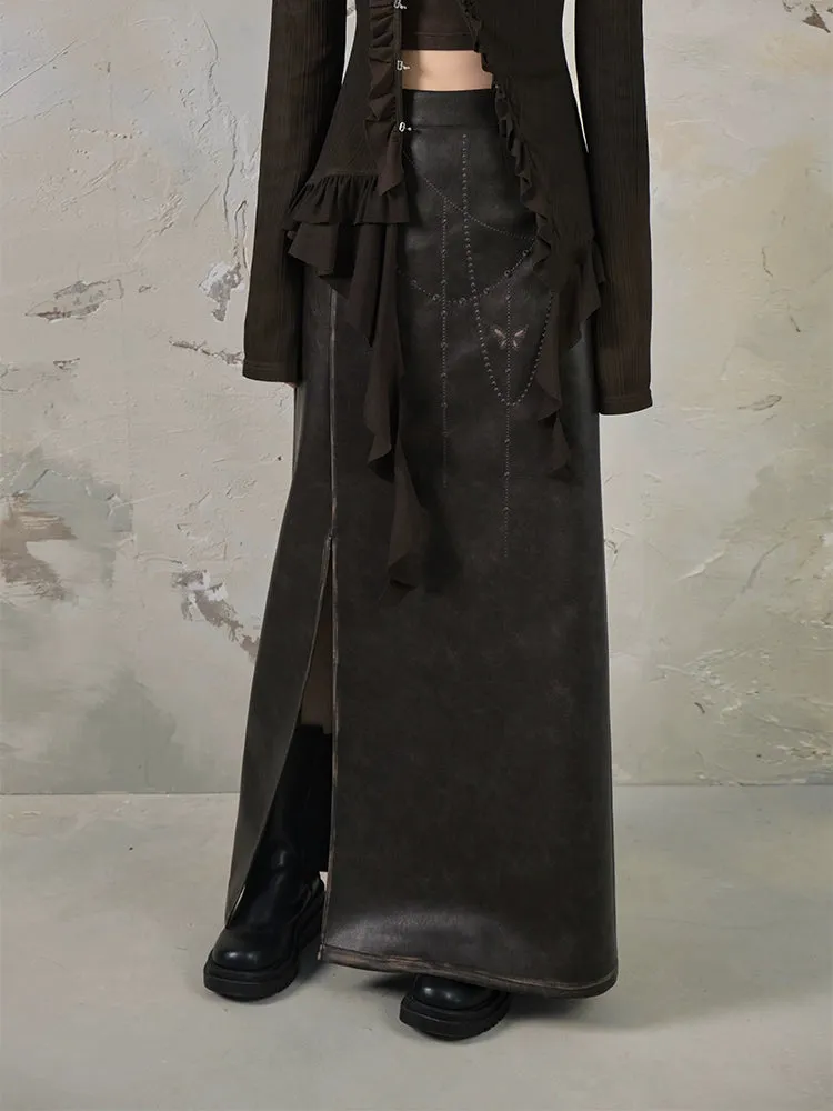 Chain Butterfly Raw Edge PU Leather Skirt