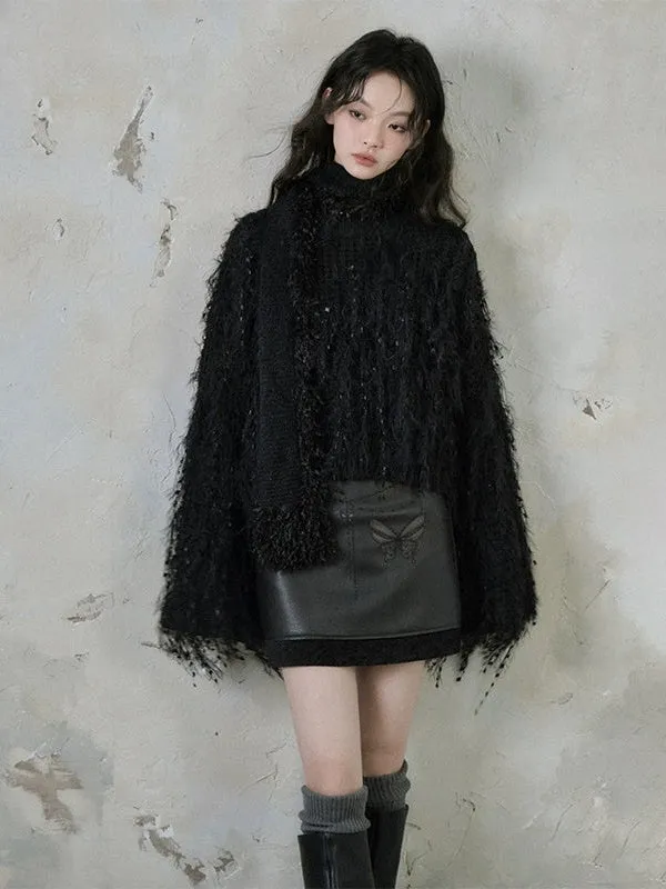 Chain Butterfly Raw Edge PU Leather Skirt
