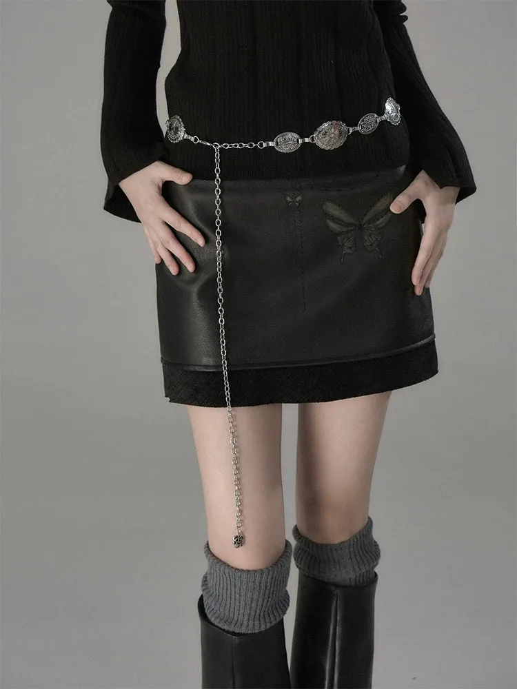 Chain Butterfly Raw Edge PU Leather Skirt