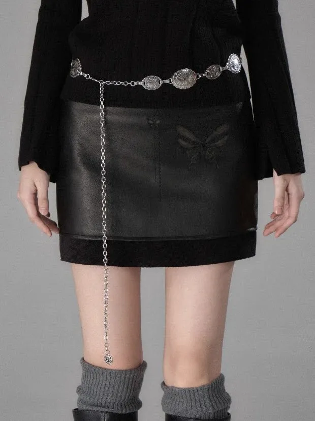 Chain Butterfly Raw Edge PU Leather Skirt