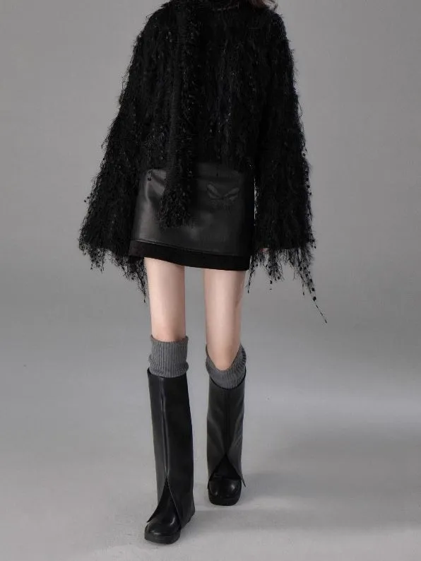 Chain Butterfly Raw Edge PU Leather Skirt