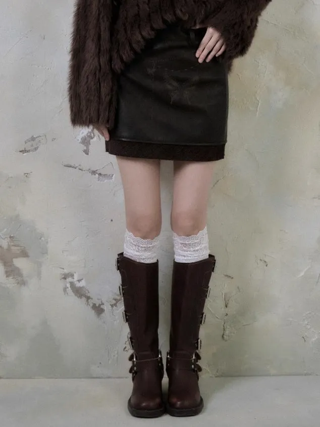 Chain Butterfly Raw Edge PU Leather Skirt