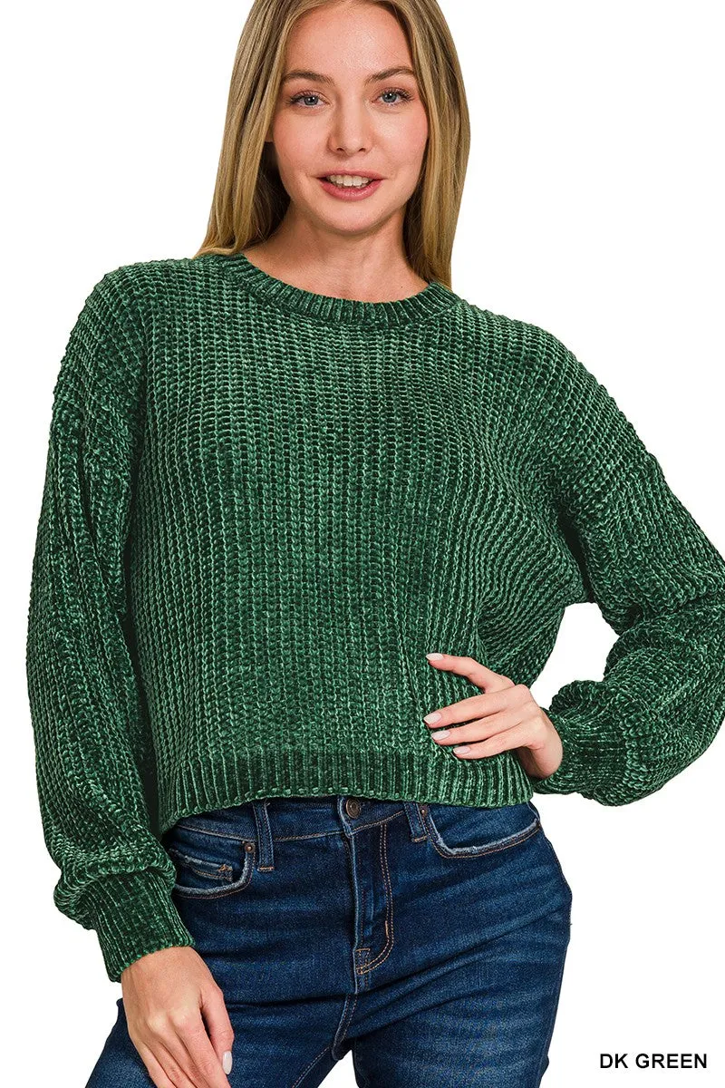 Chenille Comfort Crop Sweater in Dark Green