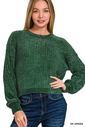 Chenille Comfort Crop Sweater in Dark Green