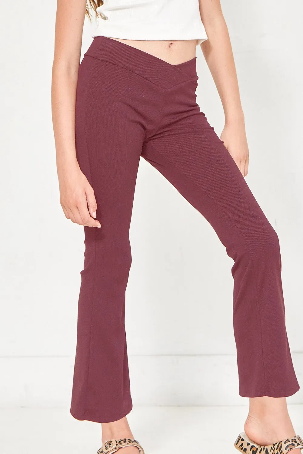 Crossover Waist Ribbed Flare Pants - Brick