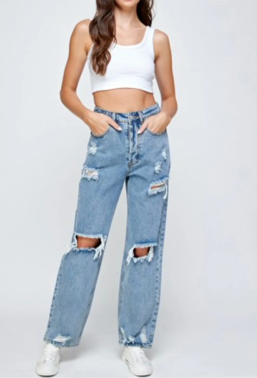 Destroyed Denim High Waist Straight Leg Jeans