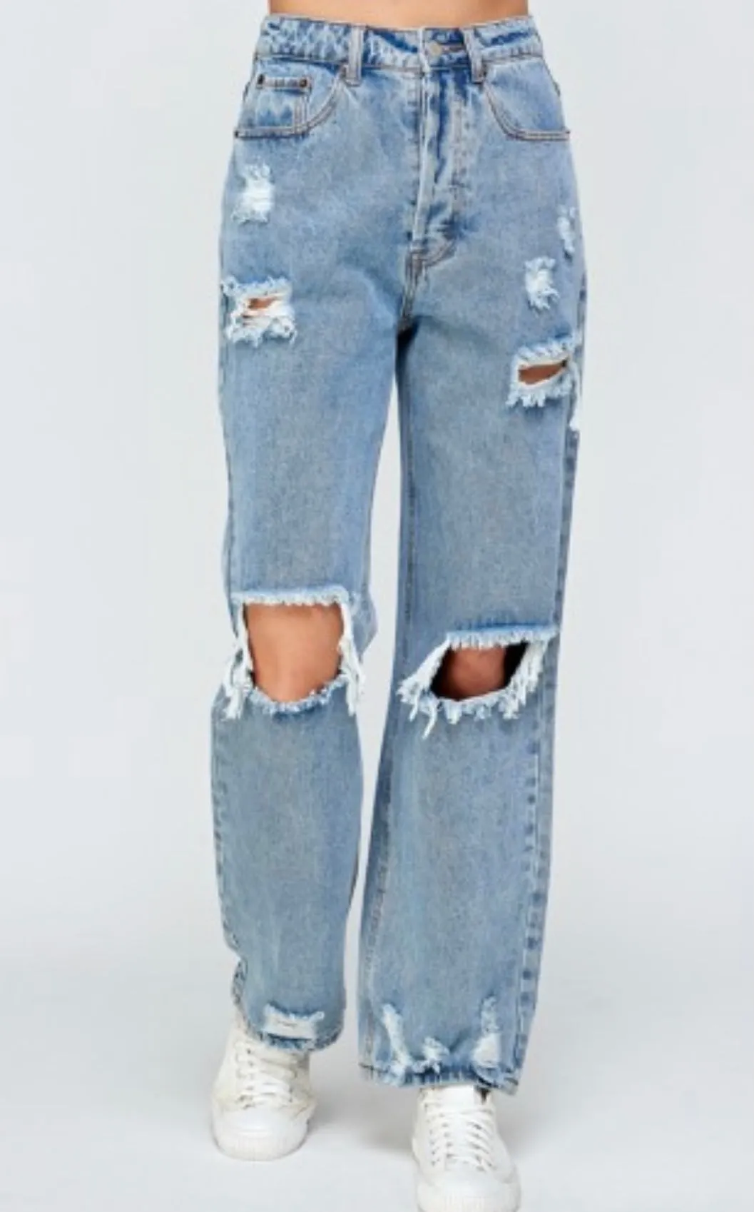 Destroyed Denim High Waist Straight Leg Jeans