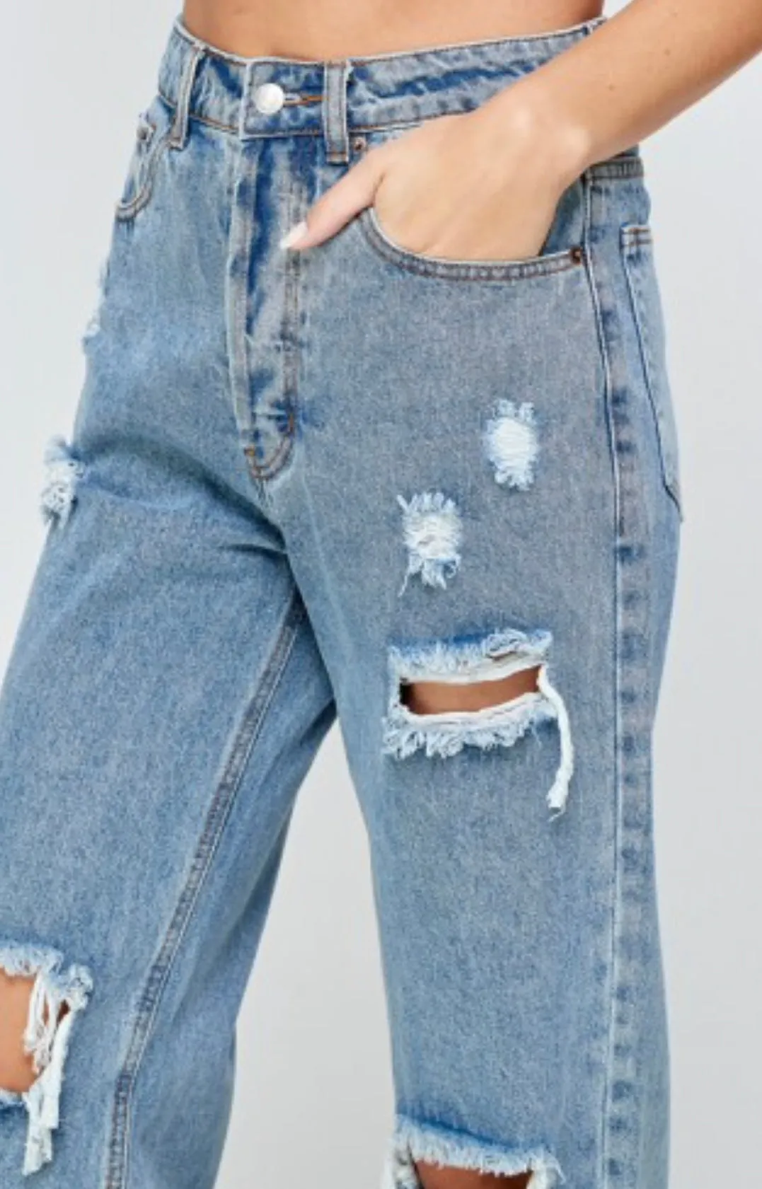 Destroyed Denim High Waist Straight Leg Jeans