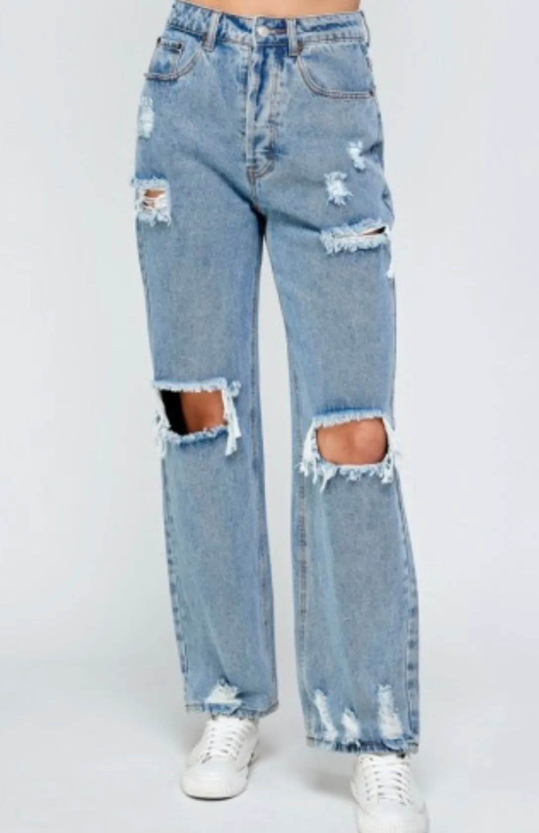Destroyed Denim High Waist Straight Leg Jeans