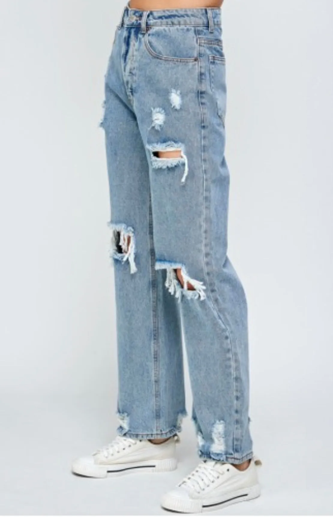 Destroyed Denim High Waist Straight Leg Jeans