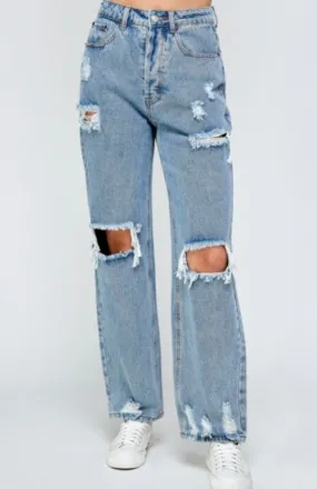 Destroyed Denim High Waist Straight Leg Jeans