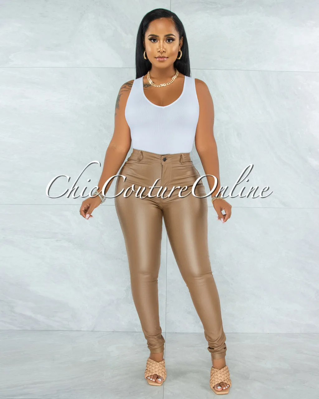 Eldone Camel Faux Leather High-Waist Pants