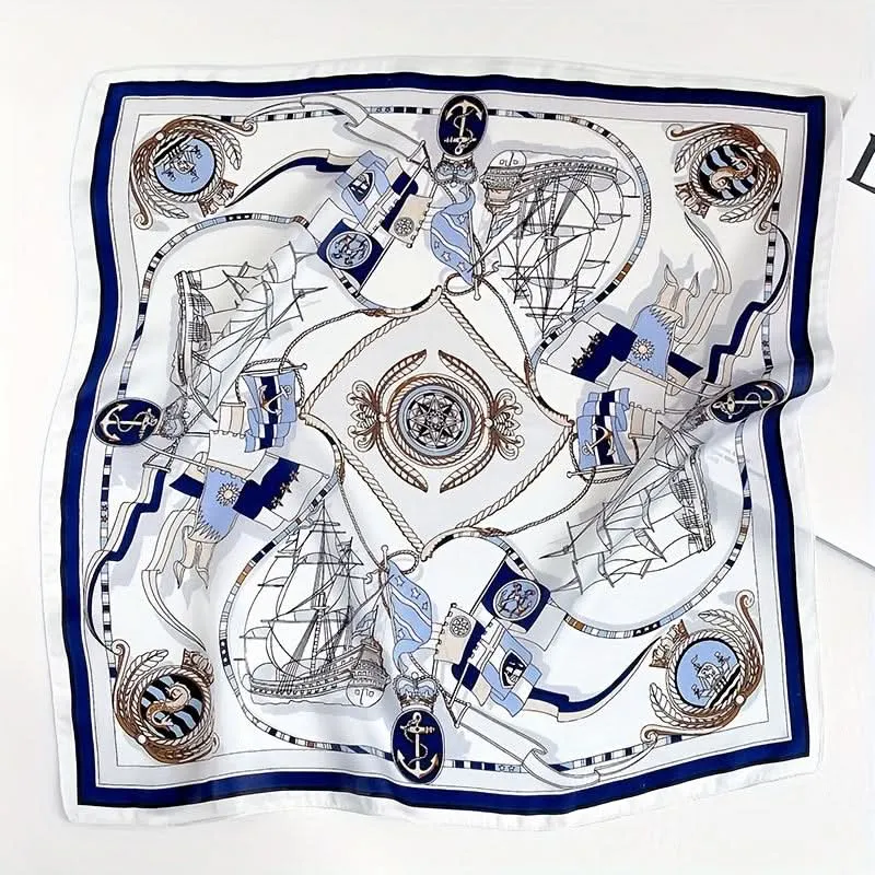 Elegant 100% Silk Square Scarf – Nautical Pattern