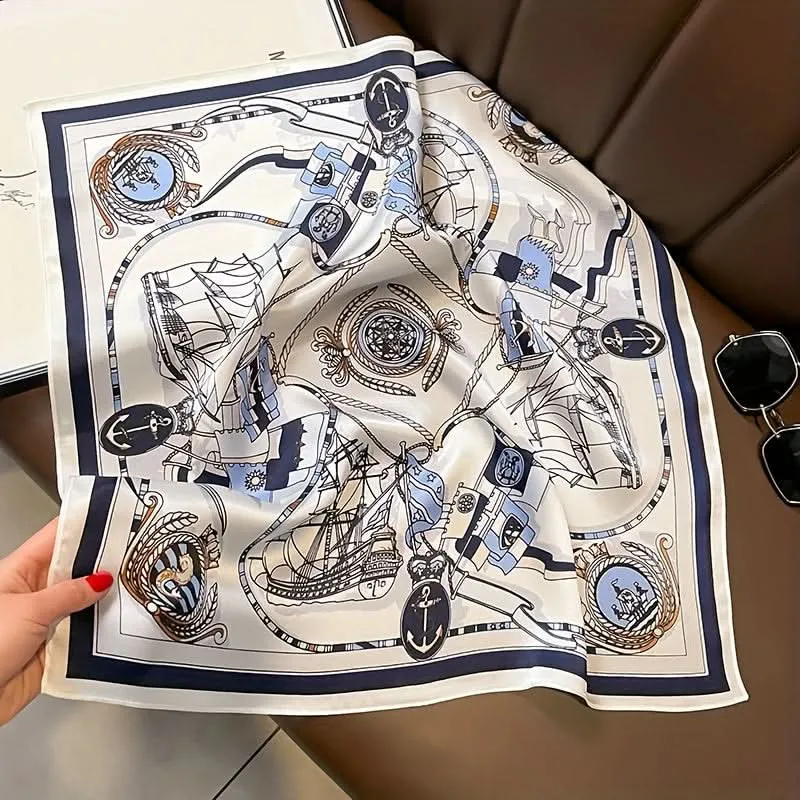 Elegant 100% Silk Square Scarf – Nautical Pattern