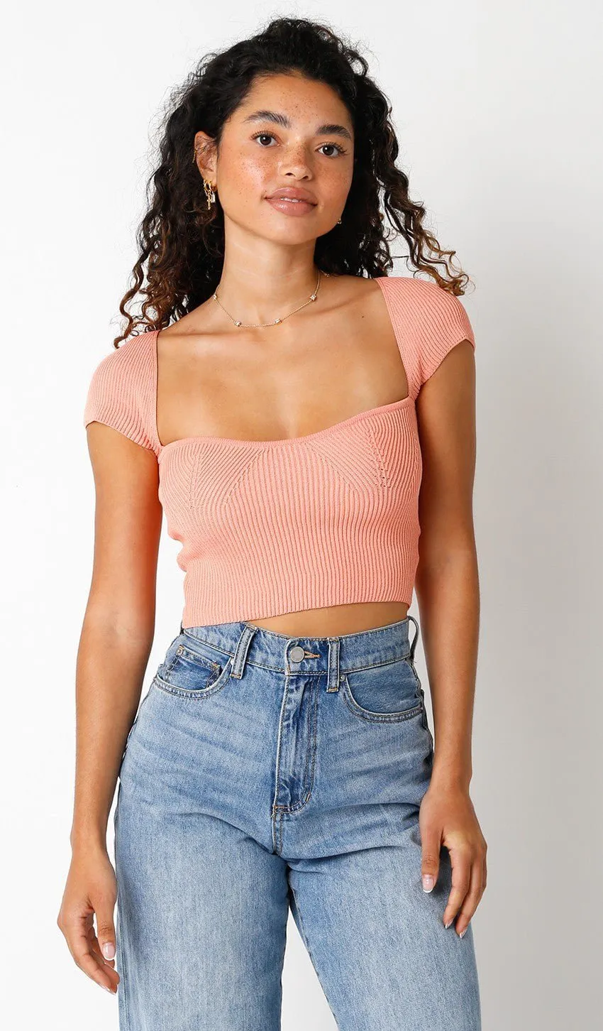 Emma Melon Cap Sleeve Sweater Crop Top