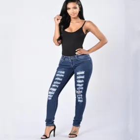 Fashion High Waist Skinny Blue Ripped Slim Denim Pants