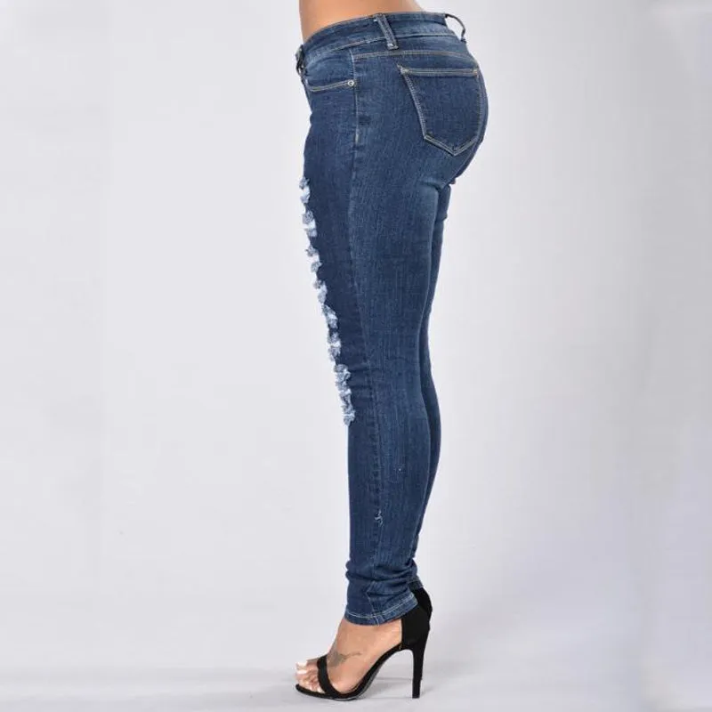 Fashion High Waist Skinny Blue Ripped Slim Denim Pants