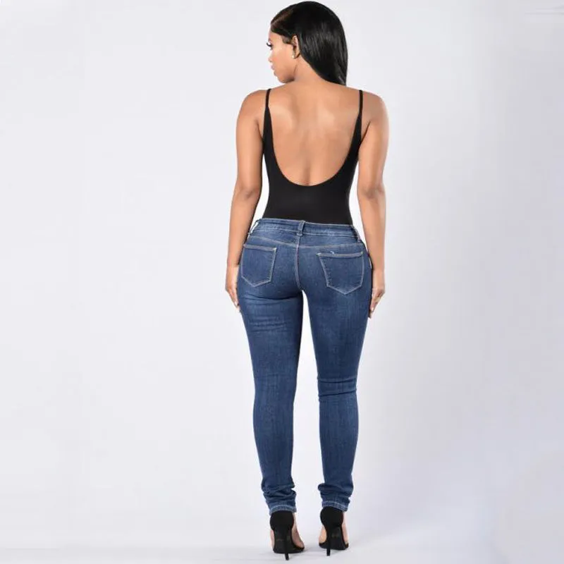 Fashion High Waist Skinny Blue Ripped Slim Denim Pants