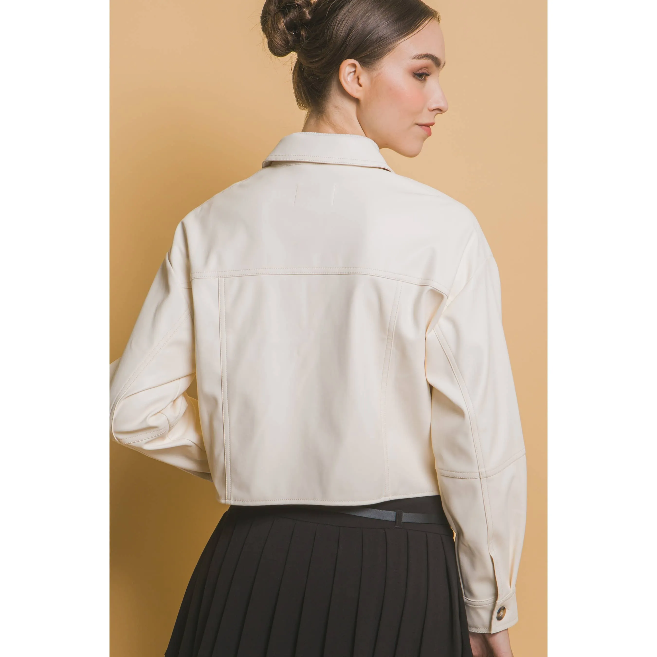 Faux Leather Cropped Button Down Jacket
